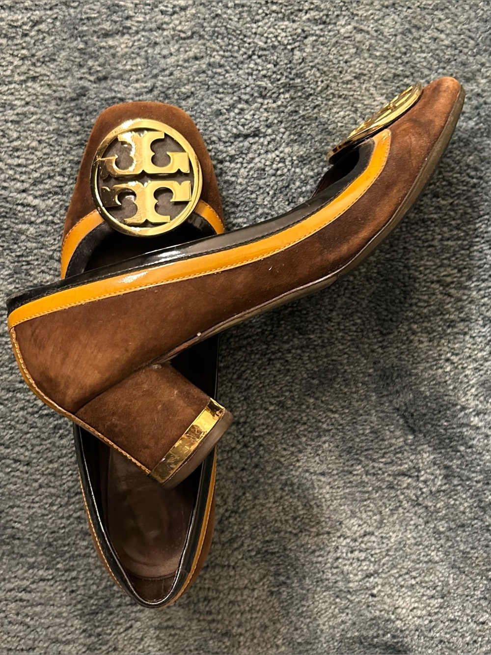 Tory Burch Brown Suede Slip-On heels with Gold Logo